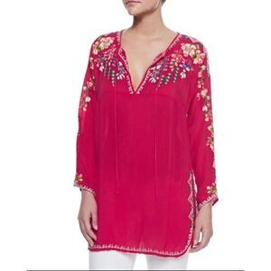 Johnny Was Red Floral Embroidered Tie Yoke Neck Tunic Top Blouse Sz M Geometric
